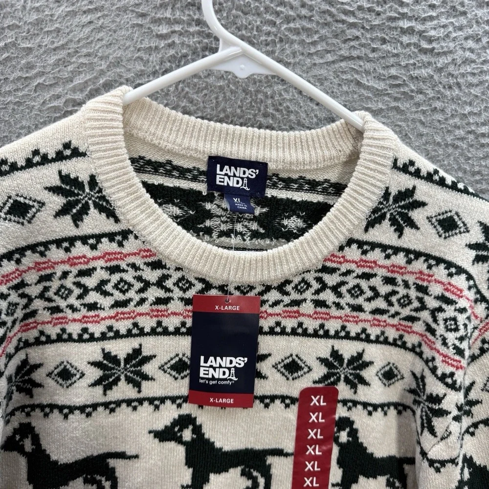 Lands End Sweater Adult XL Multicolor Fair Isle Knit Crewneck‎ Geometric Dog NEW